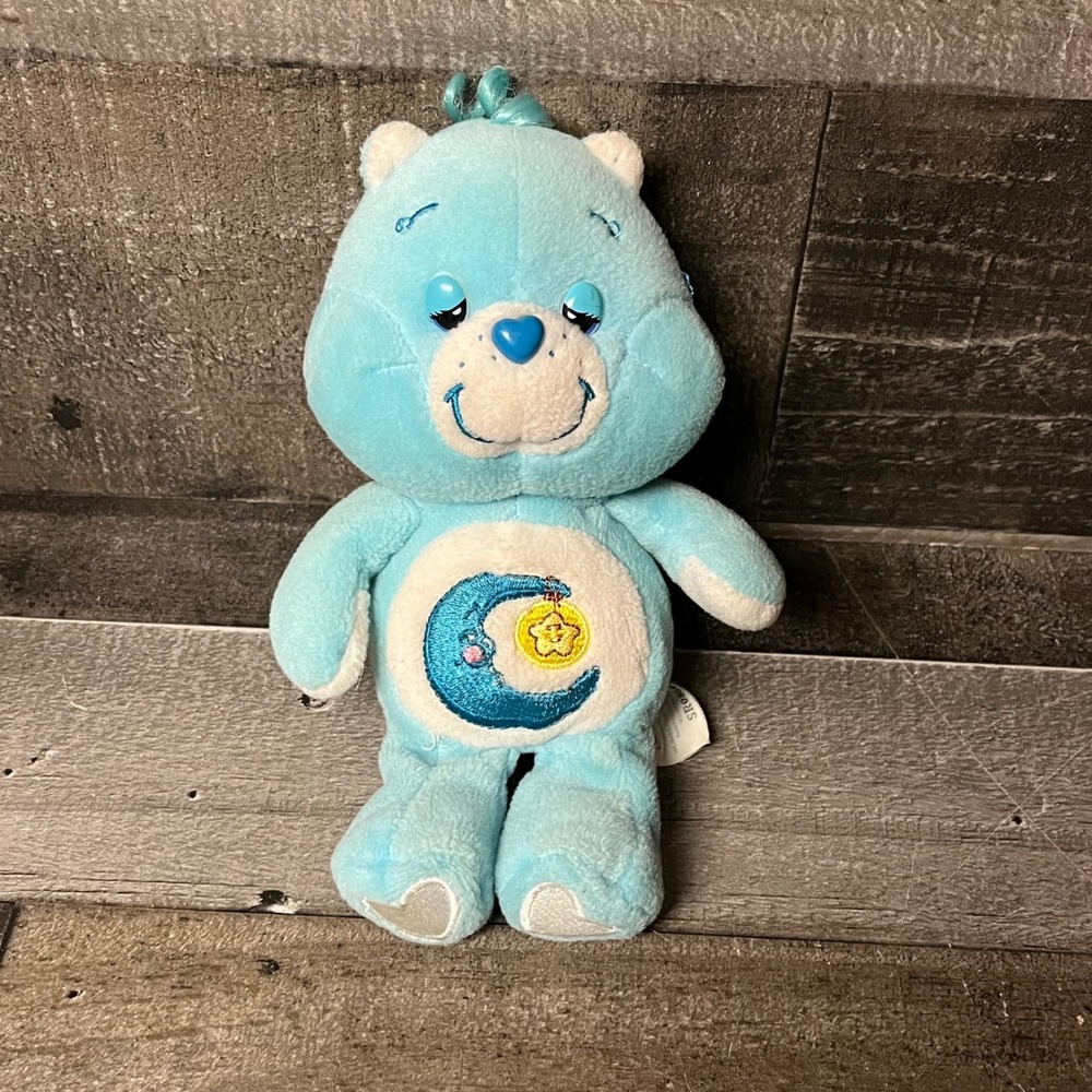 2002 Care Bears 8" Bedtime Bear Plush Stuffed Toy Aqua Blue Moon Bear